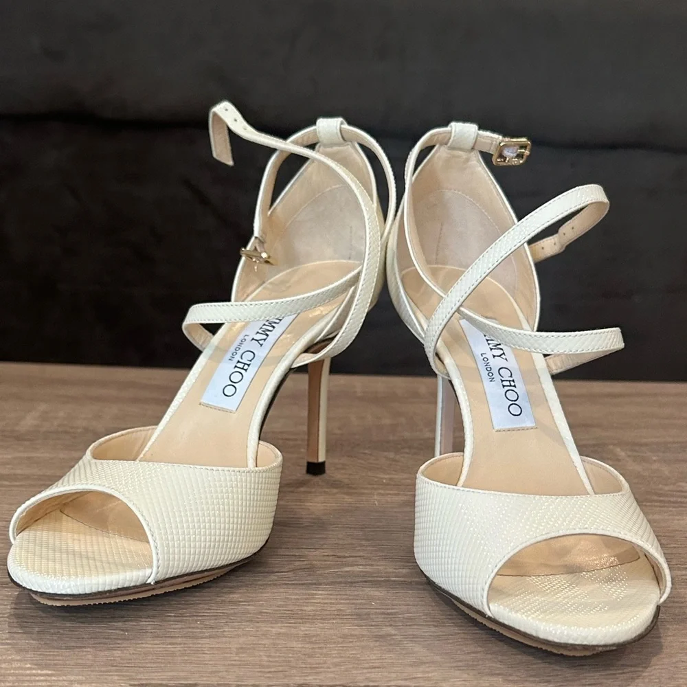 JIMMY CHOO EMSY 85MM CHEVRON EMBOSSED PATENT SANDAL HEELS Size 37/7 - Picture 2 of 9